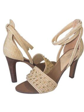 Franco Sarto Eleanor Beige and Gold Studded Ankle Strap Heels Size 10 NWOB